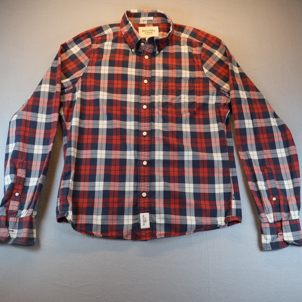 Abercrombie & Fitch Mens XXL Muscle Fit Plaid Button Down Shirt Red Navy Blue